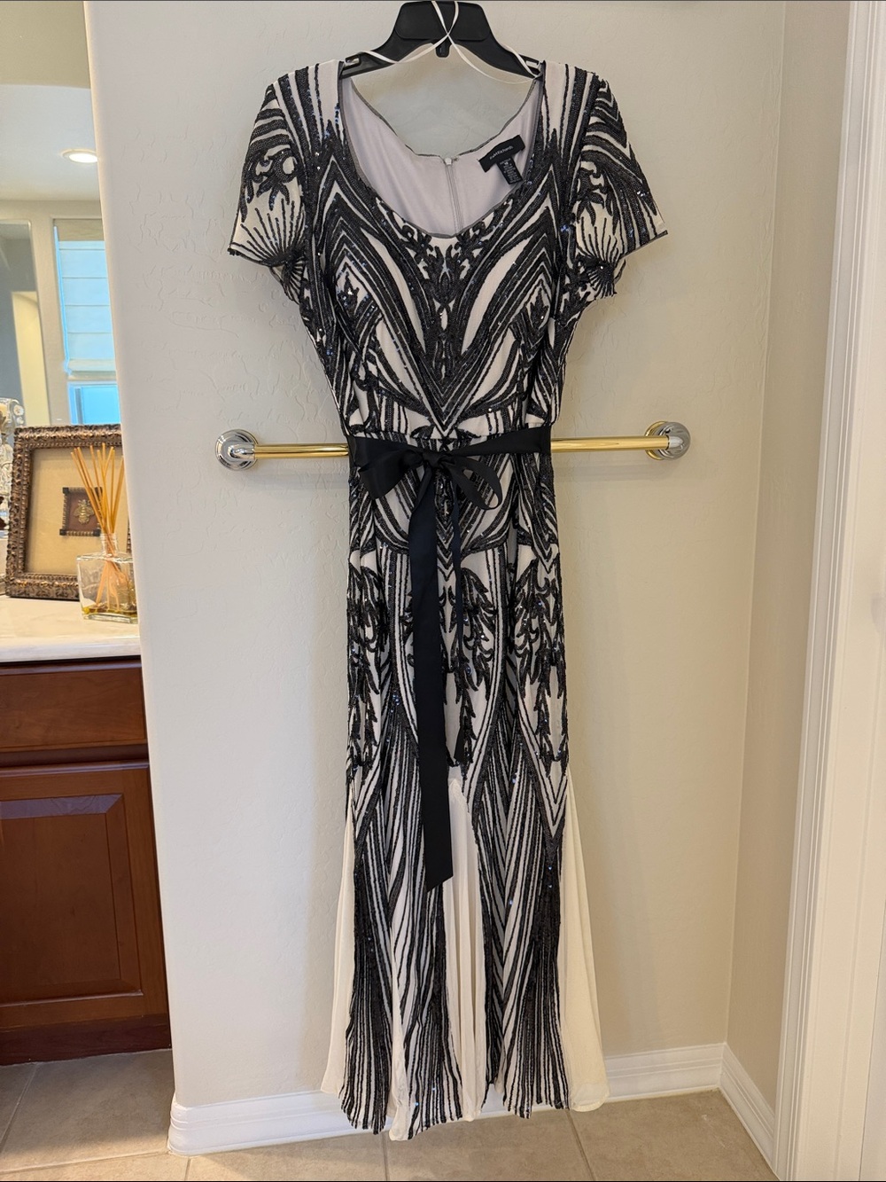 Elegant Black & White Beaded Short-Sleeve Dress